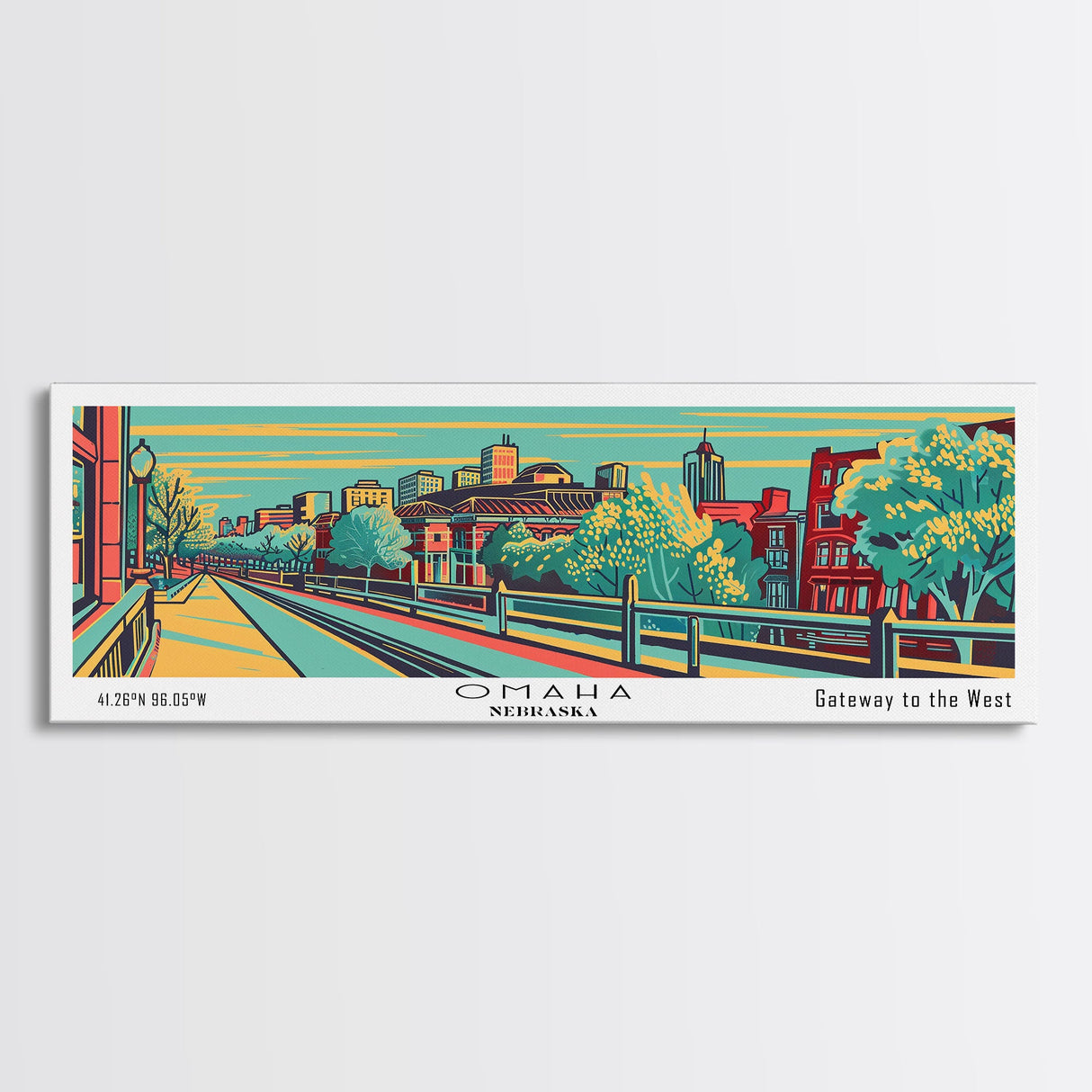 Omaha Nebraska Panoramic Painting Framed Canvas Print, Travel Poster, Mid Century Modern Art, Pop Art Style, Wall Art, Home Decor