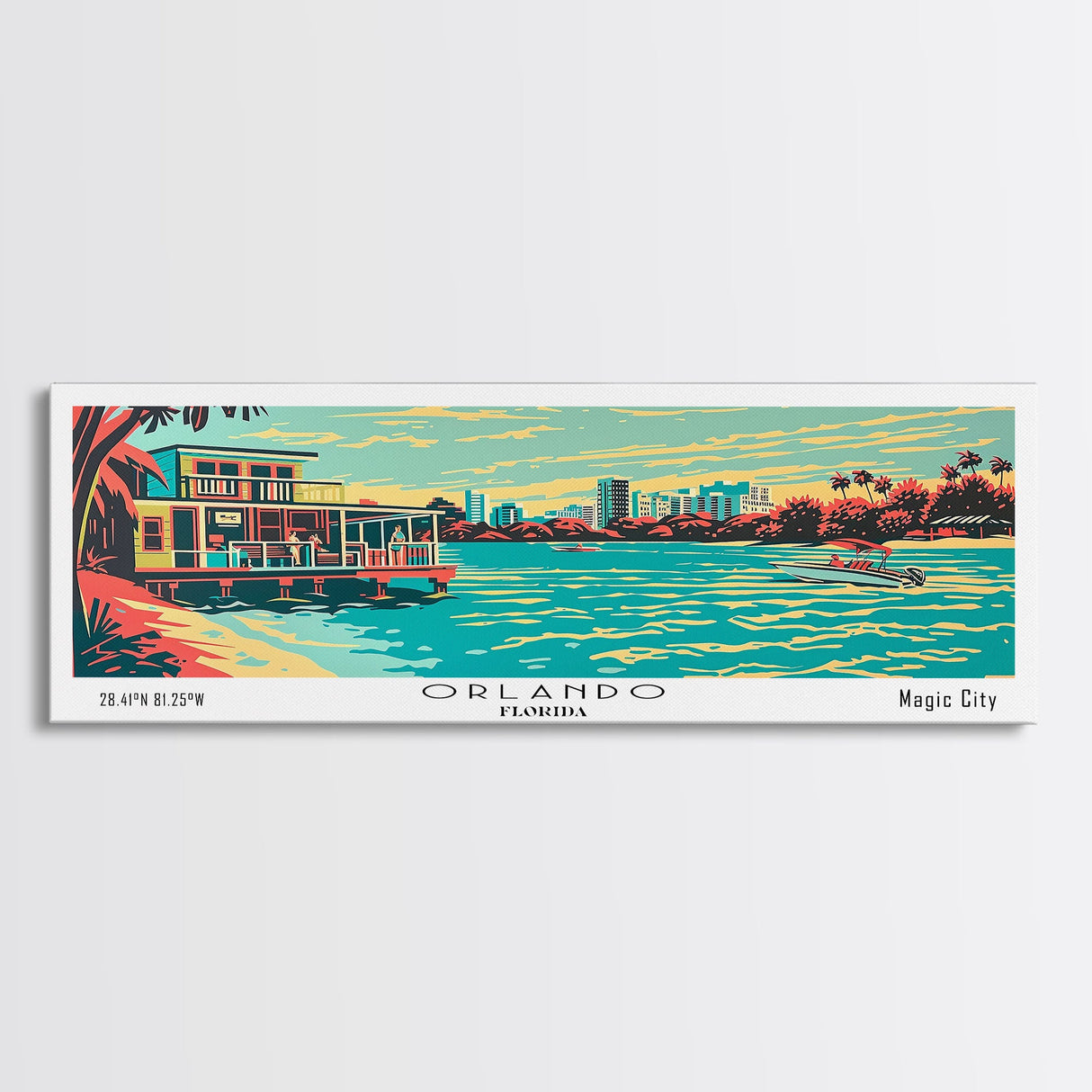 Orlando Florida Panoramic Painting Framed Canvas Print, Travel Poster, Mid Century Modern Art, Pop Art Style, Wall Decor, Office Art