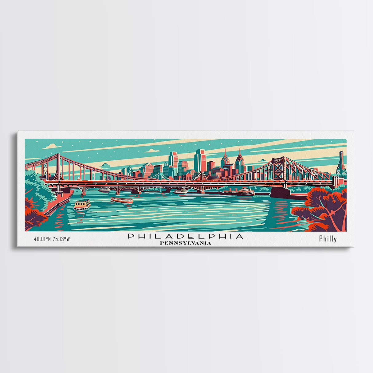 Philadelphia Pennsylvania Panoramic Travel Poster Framed Canvas Print, Mid Century Modern Art, Pop Art Style, Wall Art, Home Decor, Wall Hanging