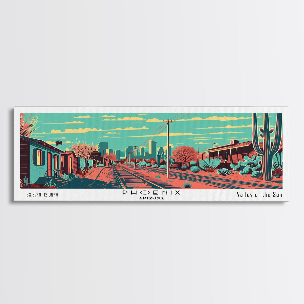 Phoenix Arizona Panoramic Wall Art Framed Canvas Print, Travel Poster, Mid Century Modern Art, Pop Art Style, Home Decor, Living Room Art