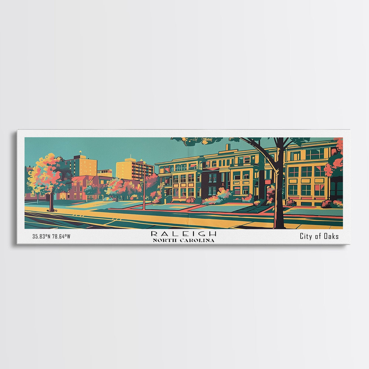 Raleigh North Carolina Panoramic Wall Art Framed Canvas Print, Travel Poster, Mid Century Modern Art, Pop Art Style, Wall Decor, Home Decor