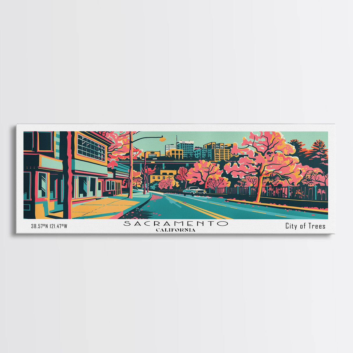 Sacramento California Panoramic Painting Framed Canvas Print, Travel Poster, Mid Century Modern Art, Pop Art Style, Wall Decor, Office Wall Art