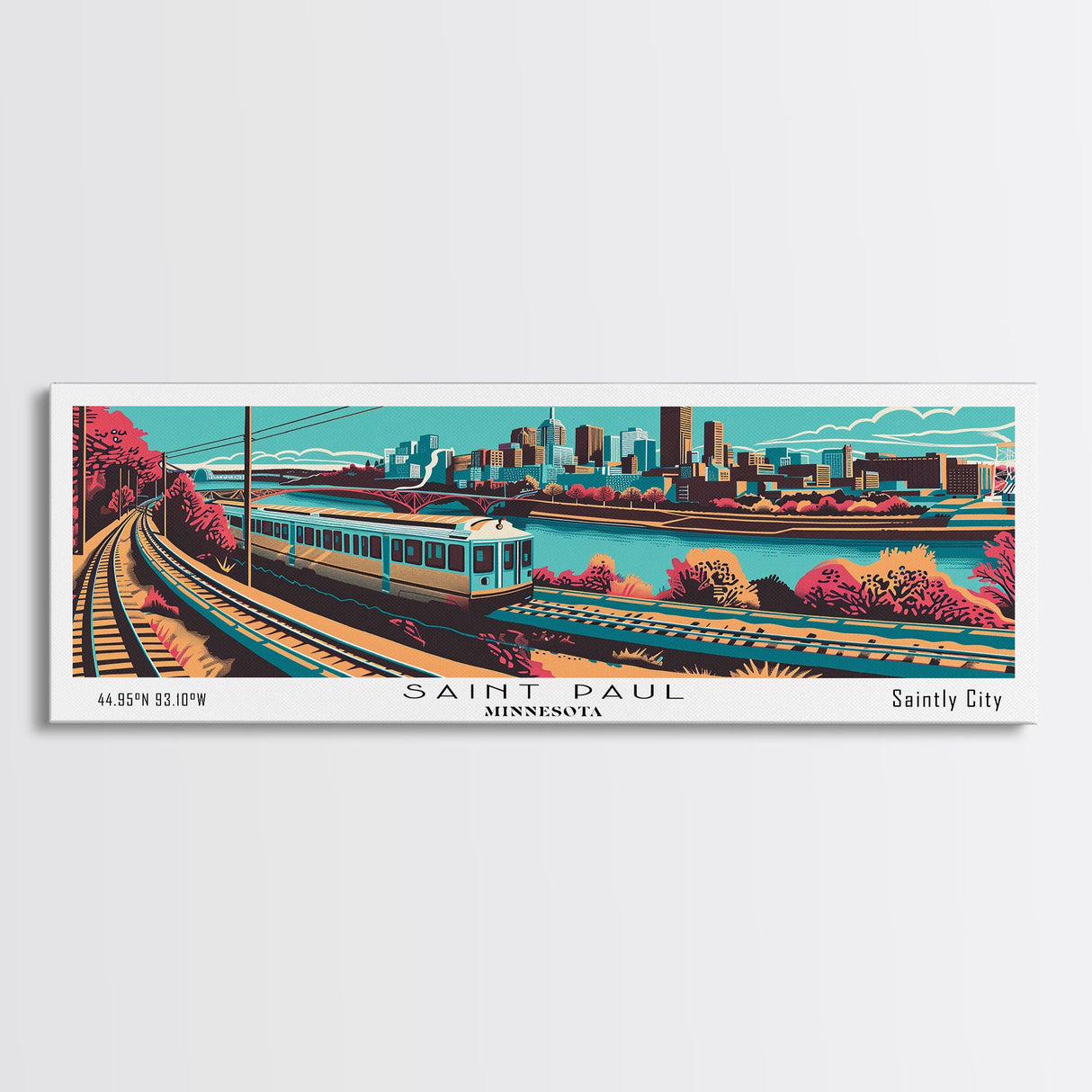 Saint Paul Minnesota Panoramic Travel Poster Framed Canvas Print, Mid Century Modern Art, Pop Art Style, Wall Art, Living Room Decor, Home Decor