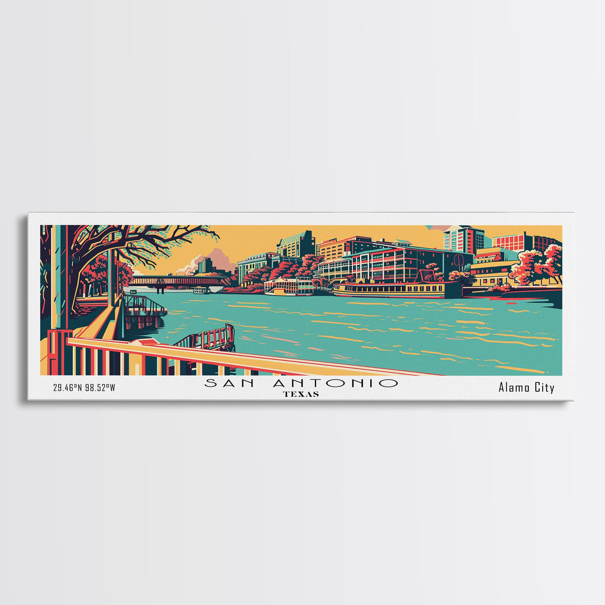 San Antonio Texas Panoramic Wall Art Framed Canvas Print, Travel Poster, Mid Century Modern Art, Pop Art Style, Home Decor, Office Art