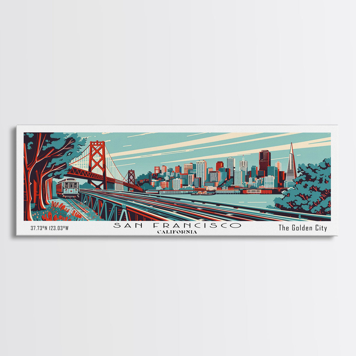 San Francisco California Panoramic Travel Poster Framed Canvas Print, Mid Century Modern Art, Pop Art Style, Wall Art, Home Decor, Retro Style Art