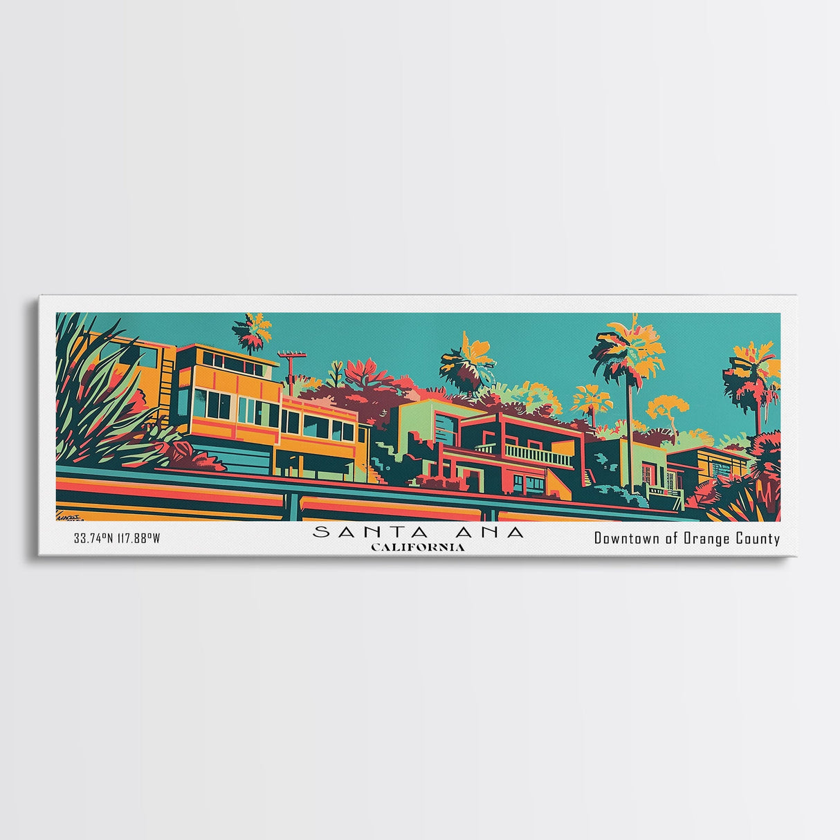 Santa Ana California Panoramic Wall Art Framed Canvas Print, Travel Poster, Mid Century Modern Art, Pop Art Style, Wall Decor, Office Wall Art