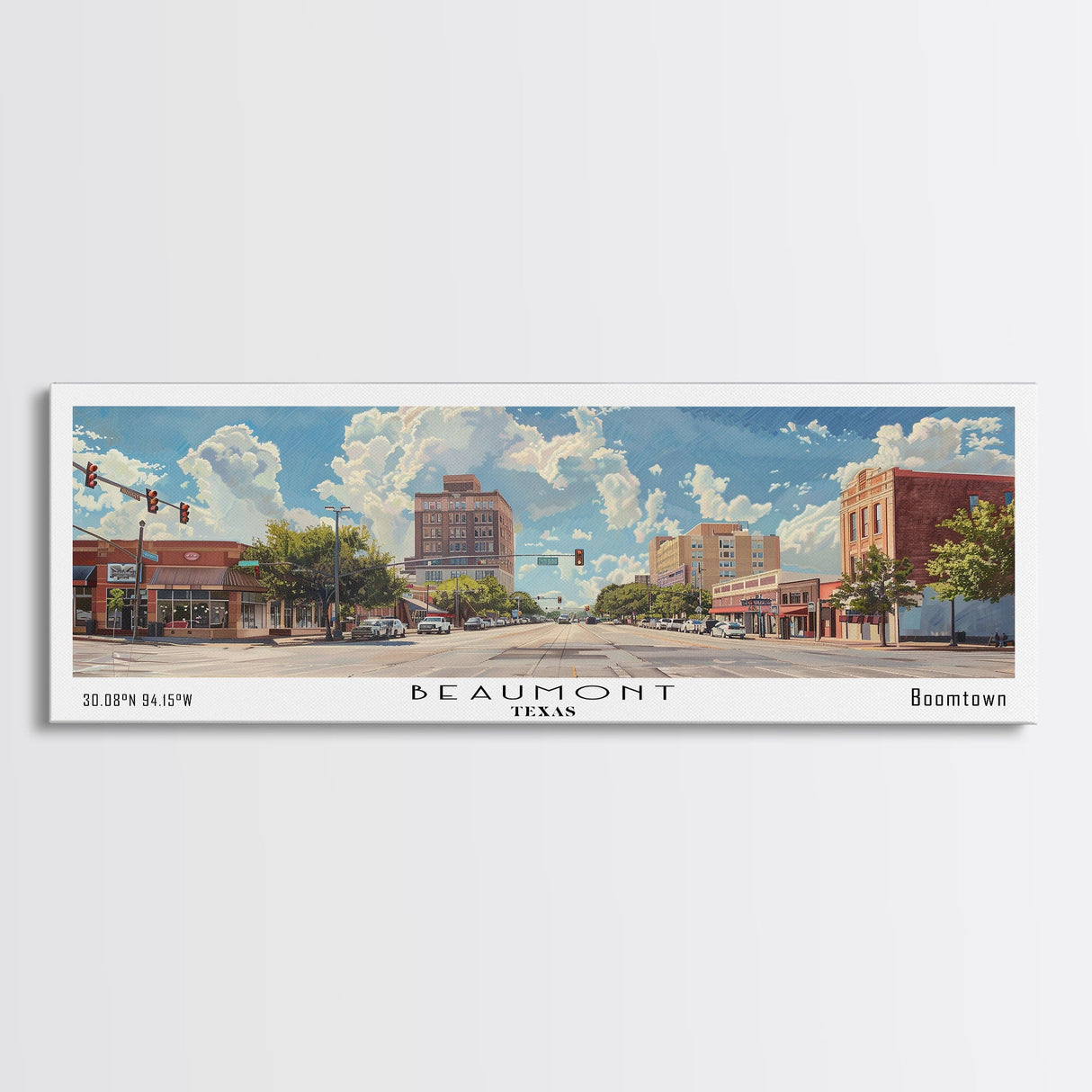 Beaumont Texas Panoramic Painting, Watercolor Framed Canvas Print, Scenic City Art, Travel Poster, Wall Hanging, Living Room Art, Gift Idea