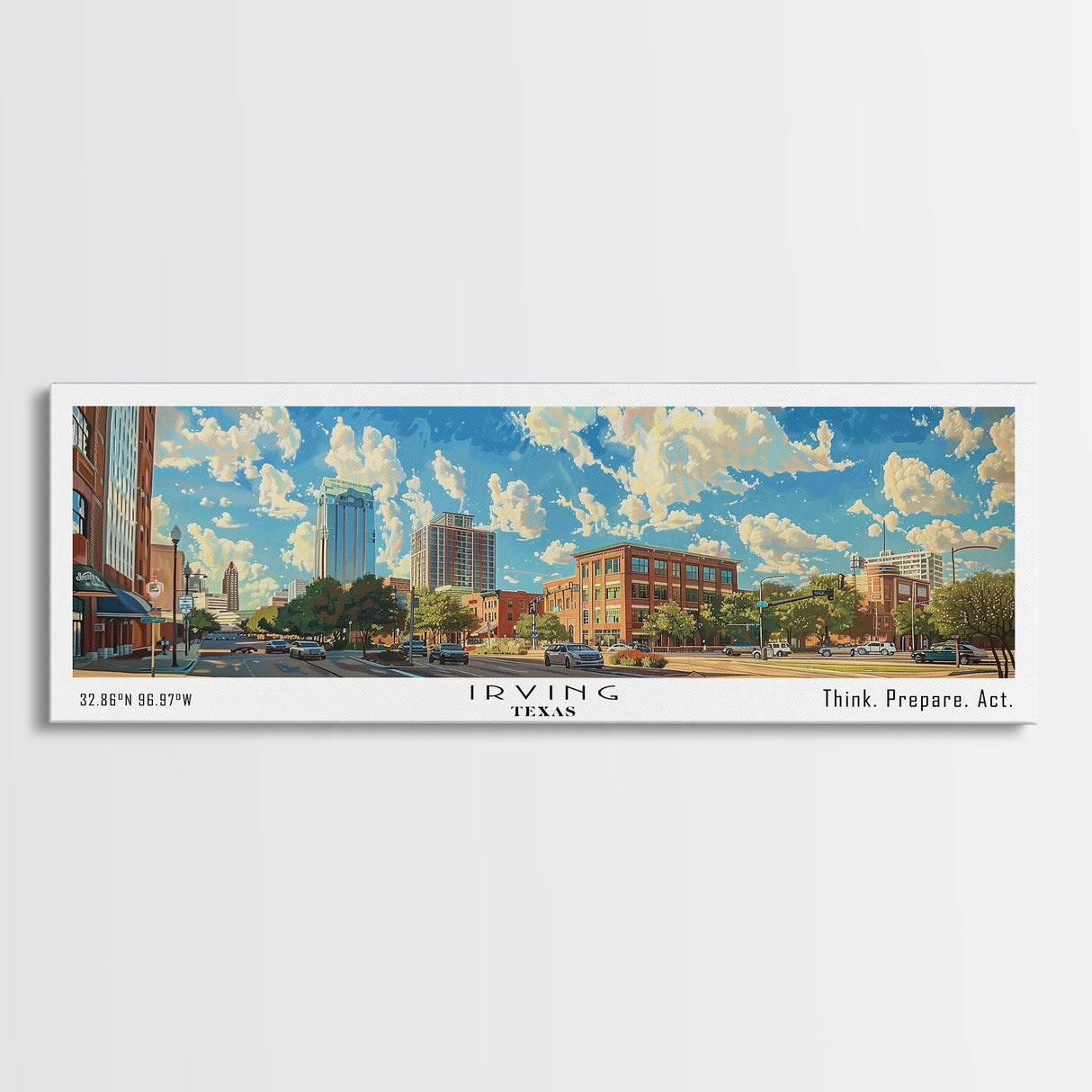 Irving Texas Panoramic Wall Art, Watercolor Framed Canvas Print, Urban Cityscape for Living Room, Travel Poster, Home Decoration