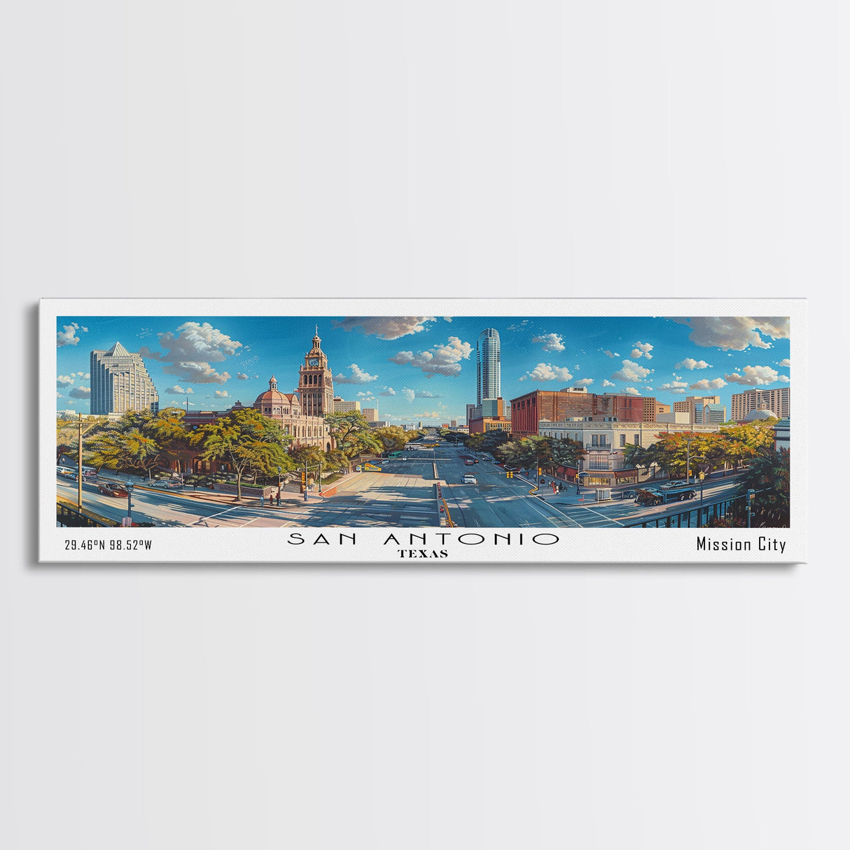 San Antonio Texas Panoramic Print, Trendy Framed Canvas Print, Travel Poster Art, Living Room Decor, Home Wall Art