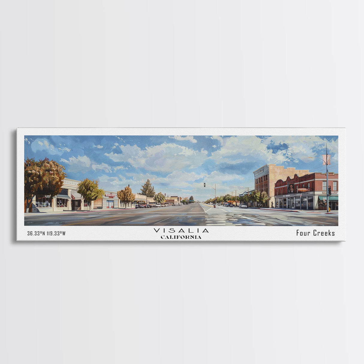 Visalia California Panoramic Framed Canvas Print, Retro Travel Poster, Artistic Wall Art, Unique Living Room Decor, Office Gift Idea, Original Artwork