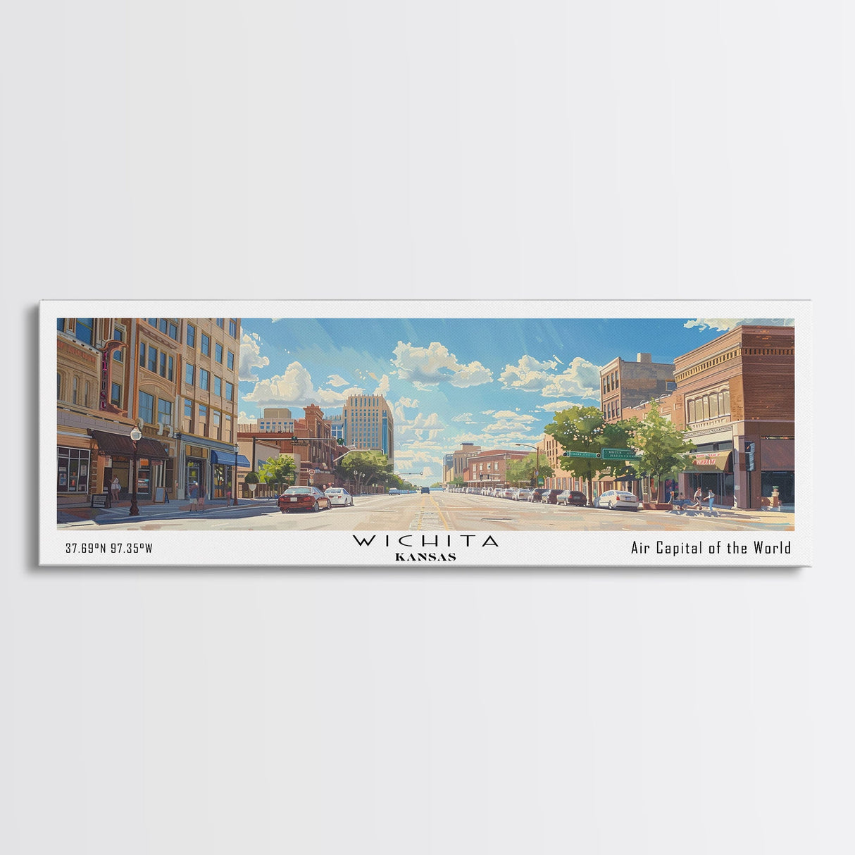 Wichita Kansas Panoramic Framed Canvas Print, Retro Travel Poster, Artistic Wall Art, Unique Living Room Decor, Office Gift, Original Artwork