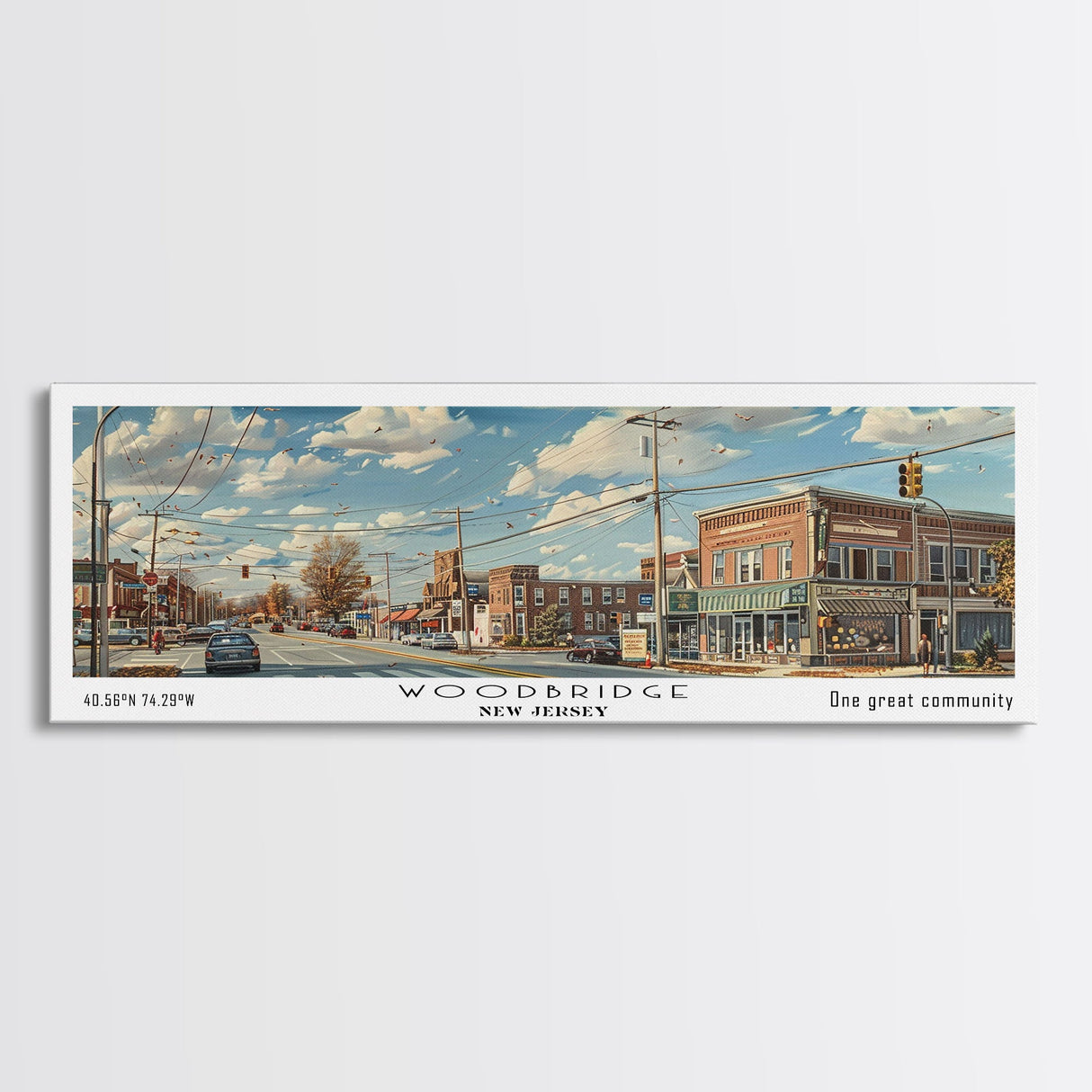 Woodbridge New Jersey Panoramic Painting, Framed Canvas Print, Retro Style Travel Poster, Artistic Wall Art, Unique Home Decor, Office Gift Idea