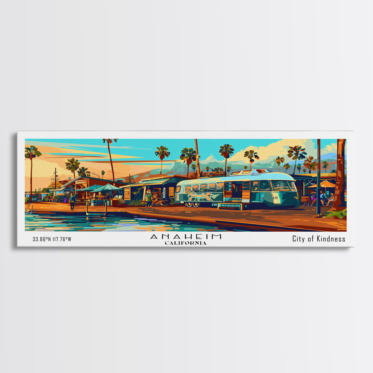 Anaheim California Panoramic Wall Art Framed Canvas Print, Mid Century Modern Art, Pop Art Style, Travel Poster, Home Decor, Retro Style