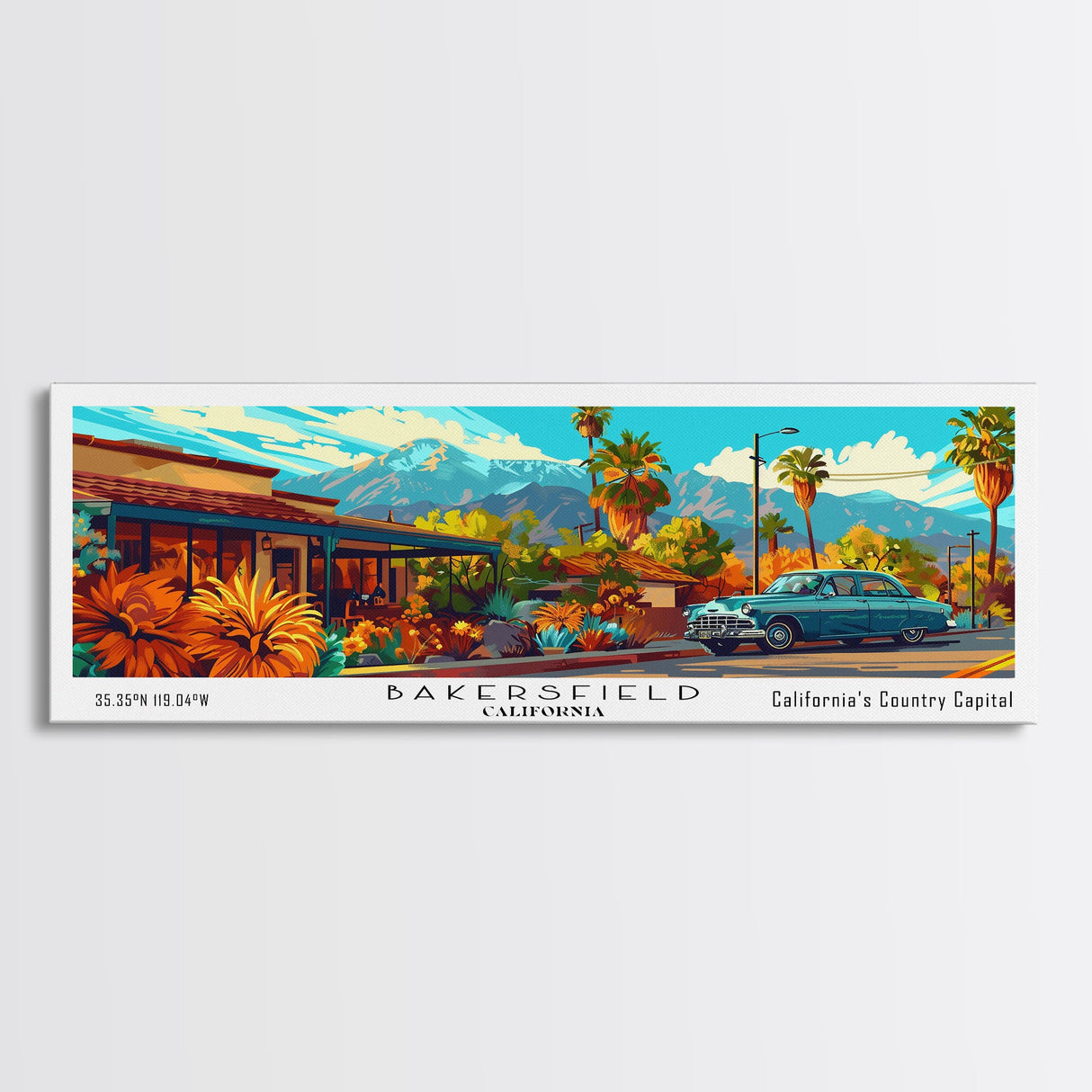 Bakersfield California Panoramic Painting Framed Canvas Print, Mid Century Modern Art, Pop Art Style, Travel Poster, Living Room Decor