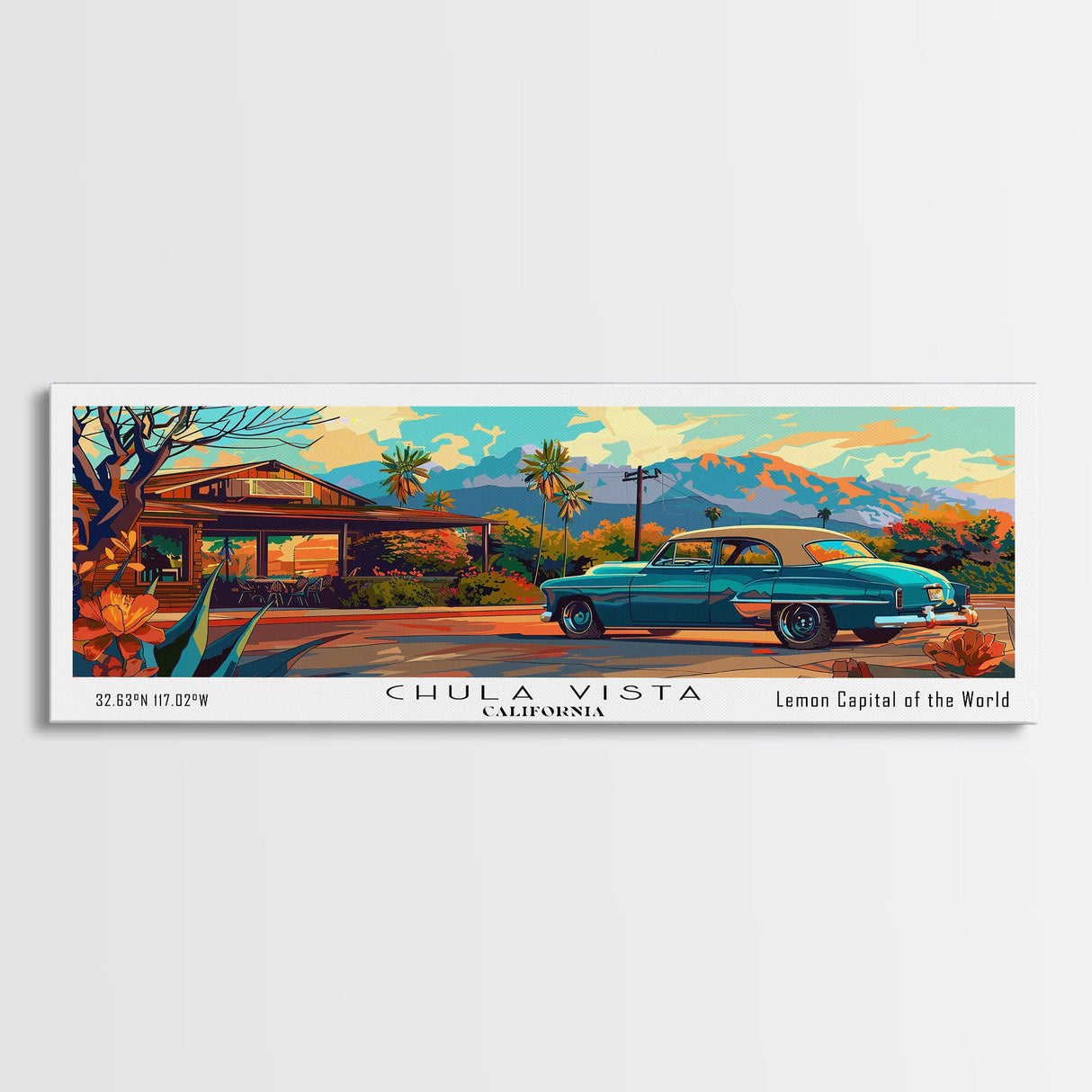 Chula Vista California Panoramic Wall Art Framed Canvas Print, Mid Century Modern Art, Pop Art Style, Travel Poster, Home Decor, Retro Style