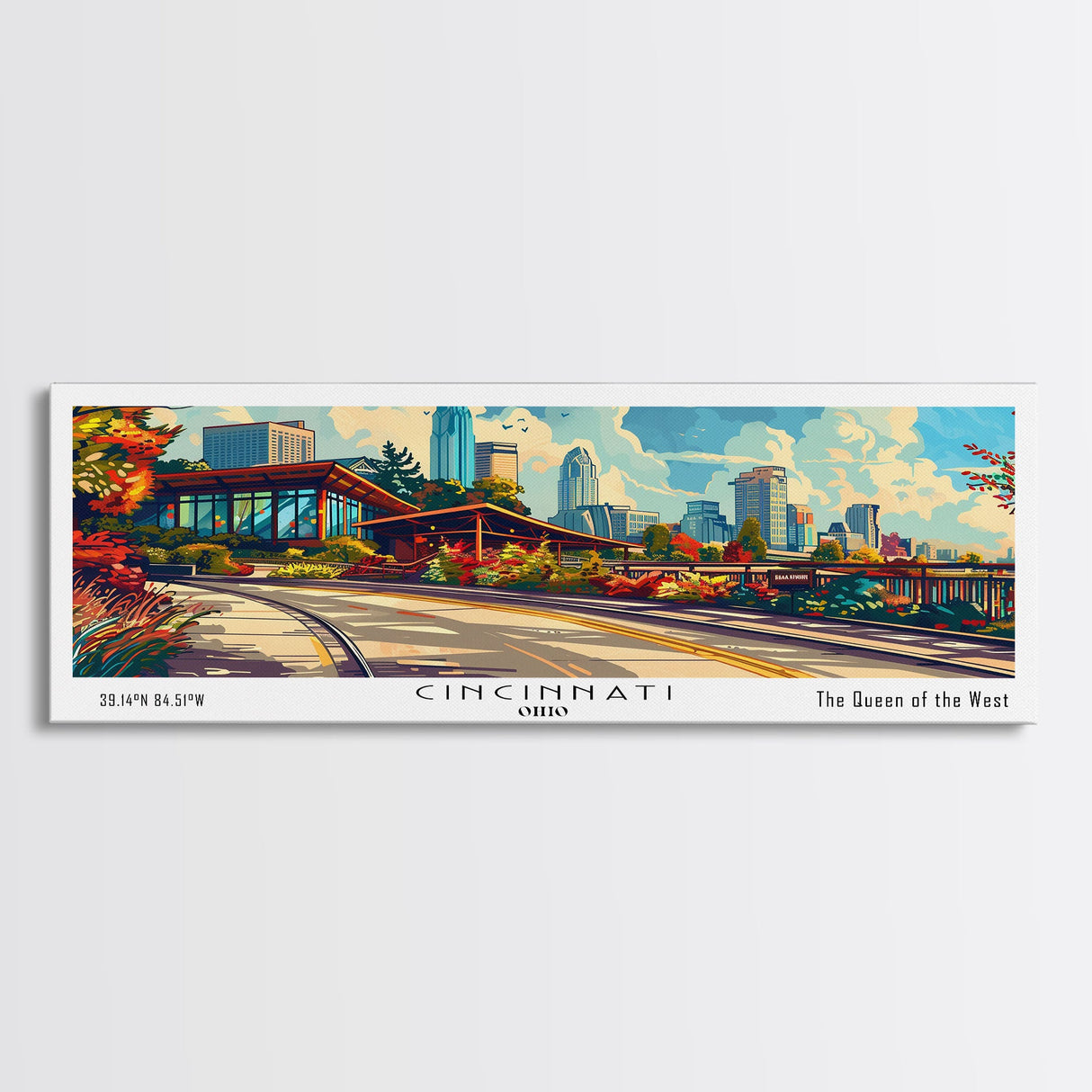 Cincinnati Ohio Panoramic Painting Framed Canvas Print, Mid Century Modern Art, Pop Art Style, Travel Poster, Wall Art Decor