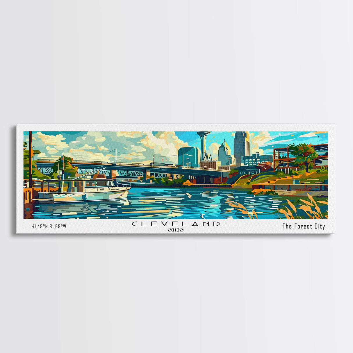 Cleveland Ohio Panoramic Wall Art Framed Canvas Print, Mid Century Modern Art, Pop Art Style, Travel Poster, Home Decor, Retro Style