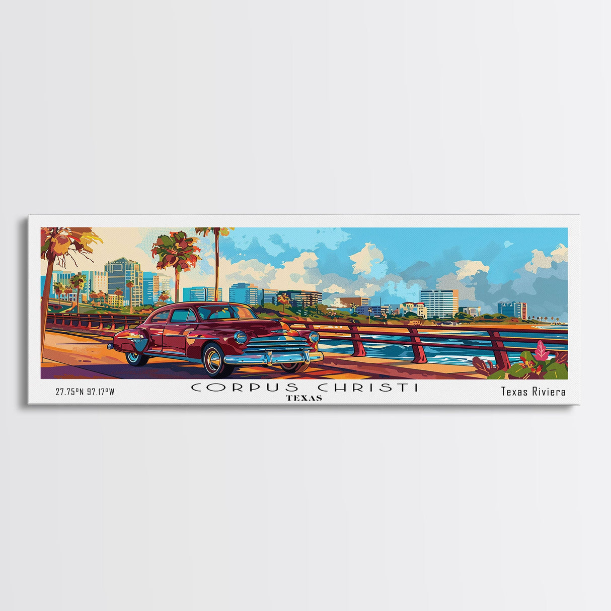 Corpus Christi Texas Panoramic Painting Framed Canvas Print, Mid Century Modern Art, Pop Art Style, Travel Poster, Living Room Decor