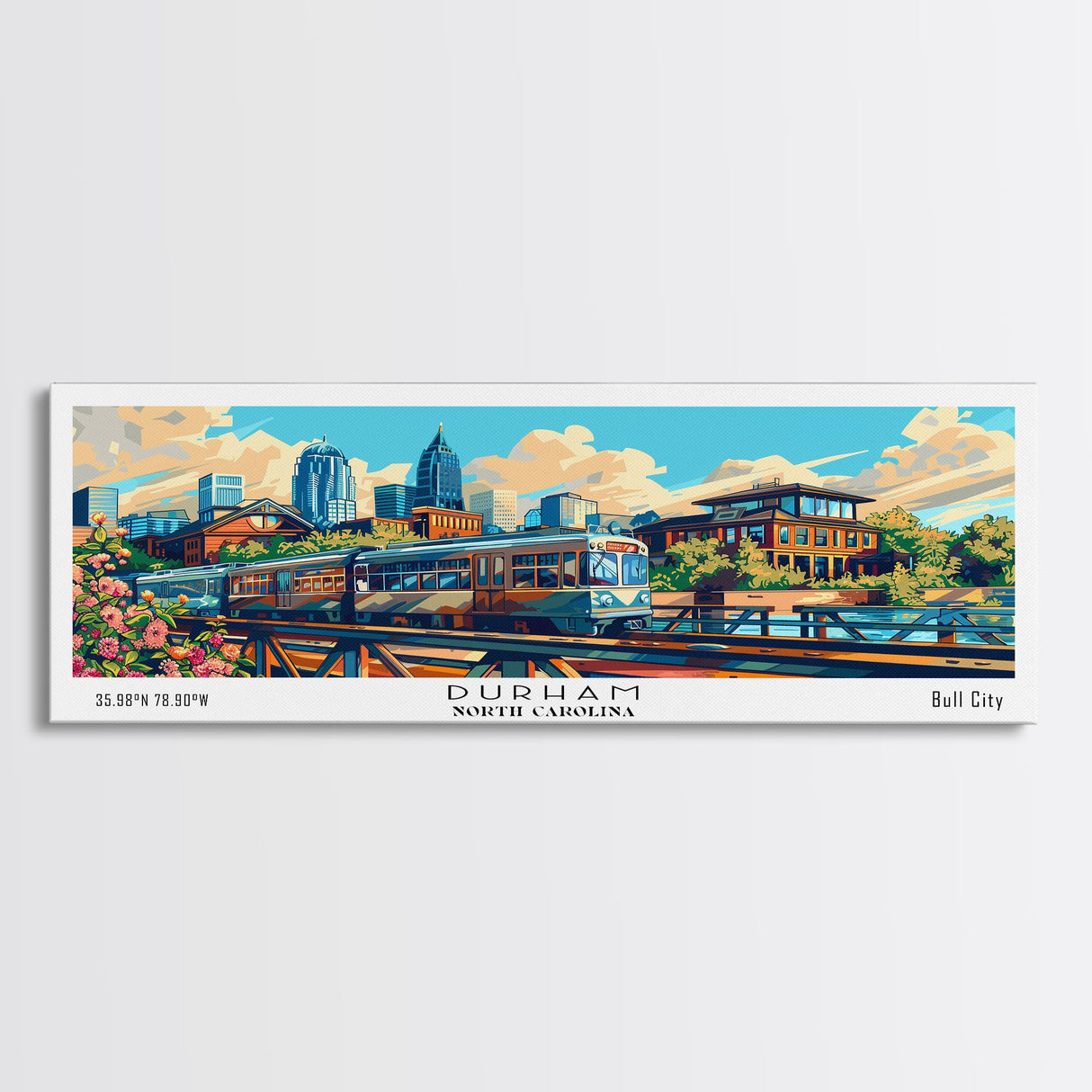 Durham North Carolina Panoramic Travel Poster Framed Canvas Print, Mid Century Modern Art, Pop Art Style, Wall Art Decor, Home Decoration