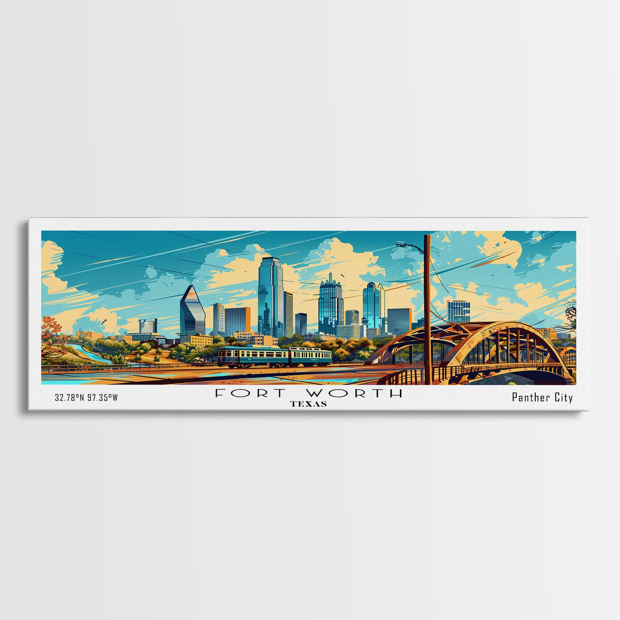 Forth Worth Texas Panoramic Painting Framed Canvas Print, Mid Century Modern Art, Pop Art Style, Travel Poster, Living Room Decor