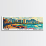 Honolulu Hawaii Panoramic Wall Art Framed Canvas Print, Mid Century Modern Art, Pop Art Style, Travel Poster, Home Decor, Retro Style