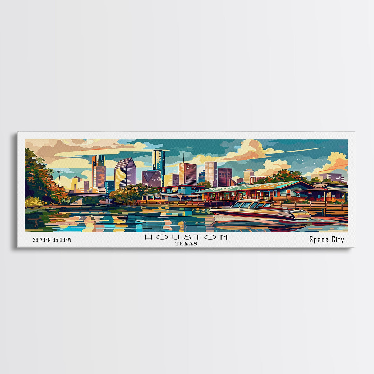 Houston Texas Panoramic Painting Framed Canvas Print, Mid Century Modern Art, Pop Art Style, Travel Poster, Wall Art Decor