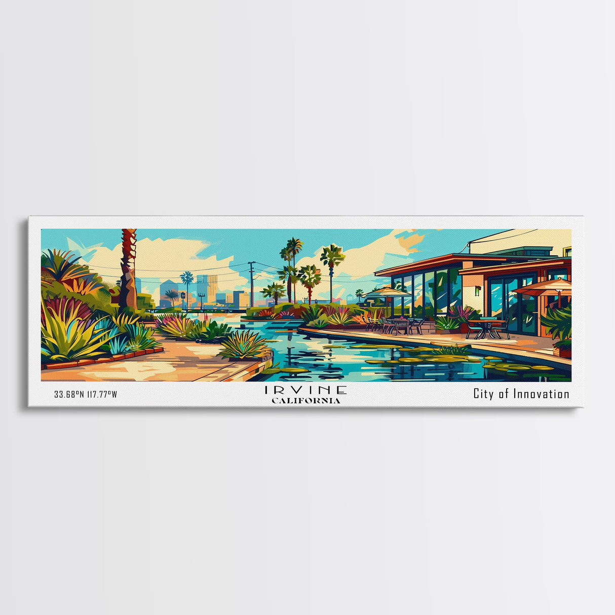 Irvine California Panoramic Travel Poster Framed Canvas Print, Mid Century Modern Art, Pop Art Style, Wall Art Decor, Home Decoration