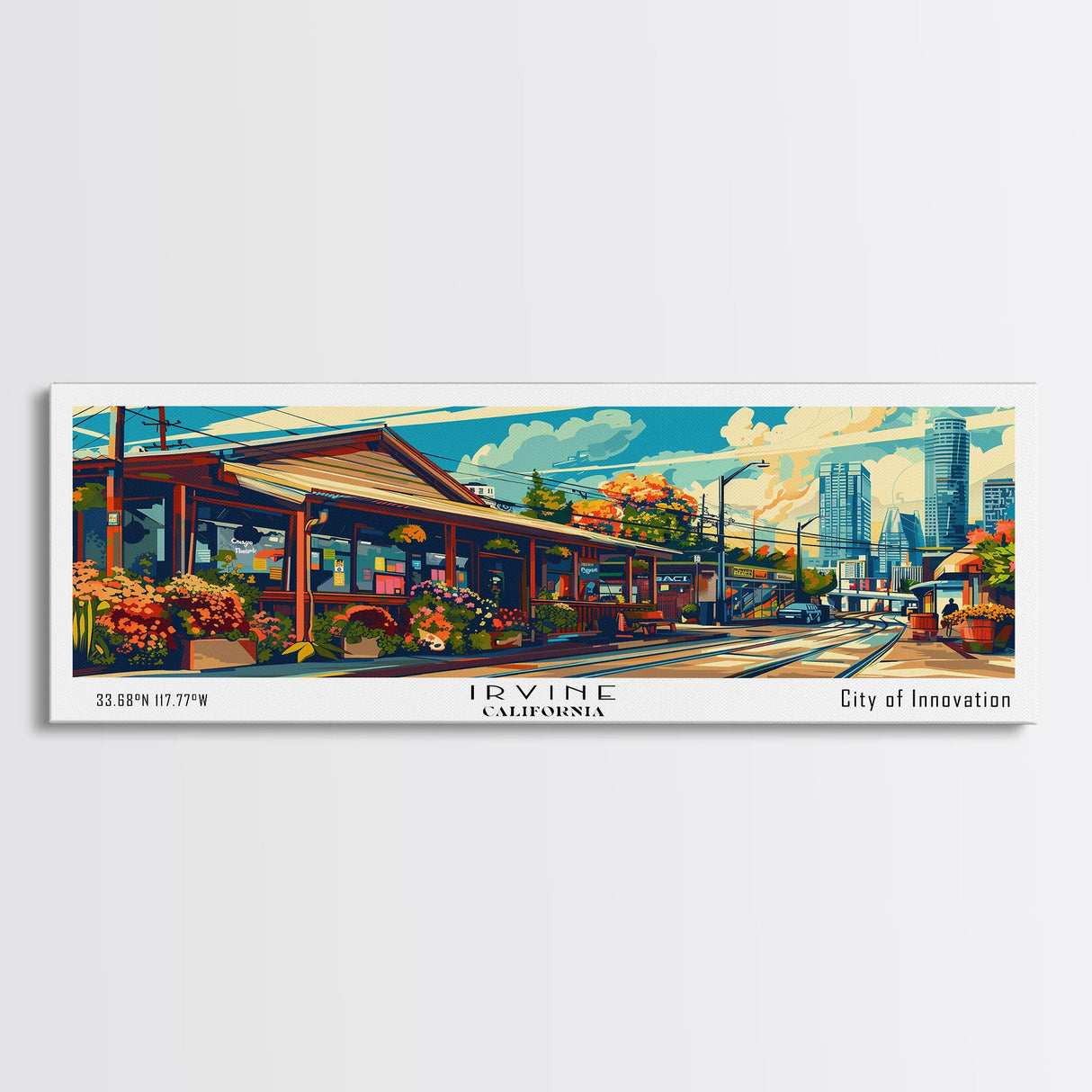 Irvine California Panoramic Travel Poster Framed Canvas Print, Mid Century Modern Art, Pop Art Style, Wall Art Decor, Home Decoration