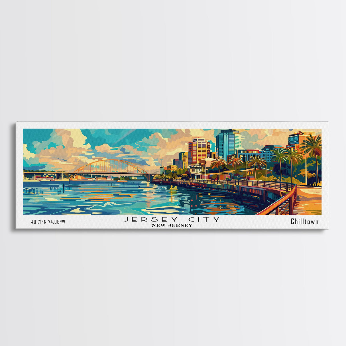 Jersey City New Jersey Panoramic Framed Canvas Print, Retro Style Wall Art, Mid Century Modern Home Decor, Pop Art Travel Poster