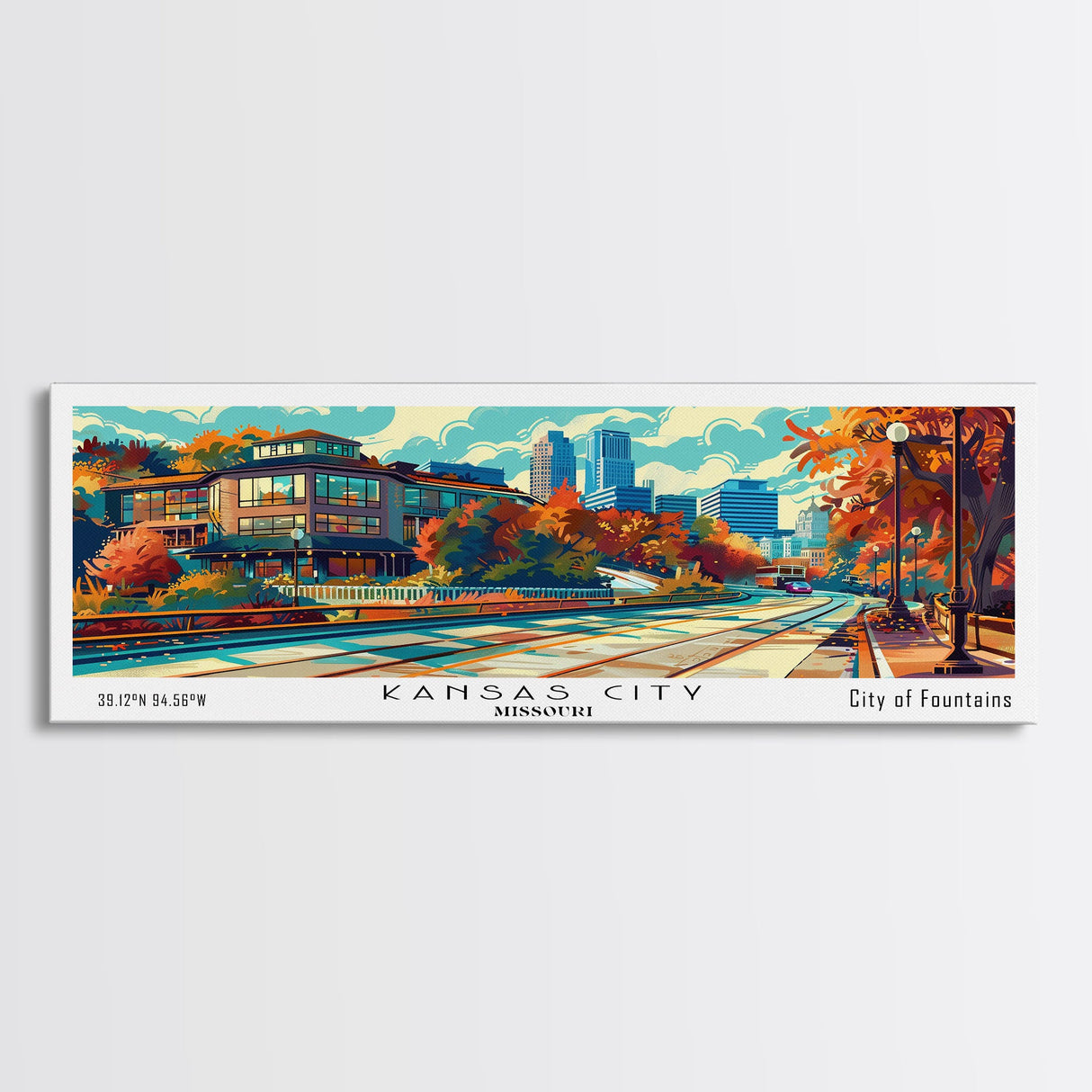 Kansas City Missouri Panoramic Painting, Mid Century Modern Framed Canvas Print, Pop Art Wall Hanging, Retro Travel Poster