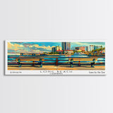 Long Beach California Panoramic Painting, Retro Style Framed Canvas Print, Mid Century Modern Wall Art, Pop Art Travel Poster