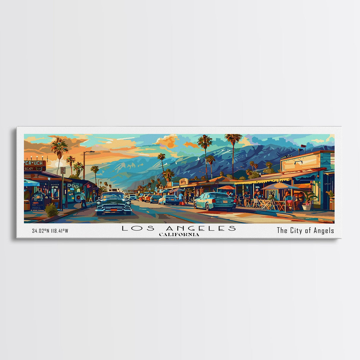 Los Angeles California Panoramic Framed Canvas Print, Mid Century Modern Wall Art, Pop Art Home Decor, Retro Style Travel Poster