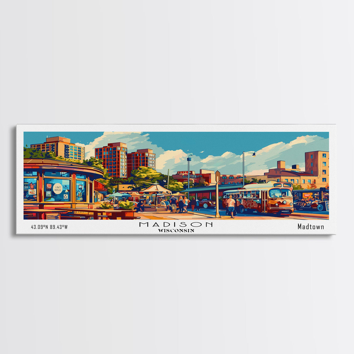 Madison Wisconsin Panoramic Painting, Mid Century Modern Framed Canvas Print, Retro Style Wall Art, Pop Art Travel Poster