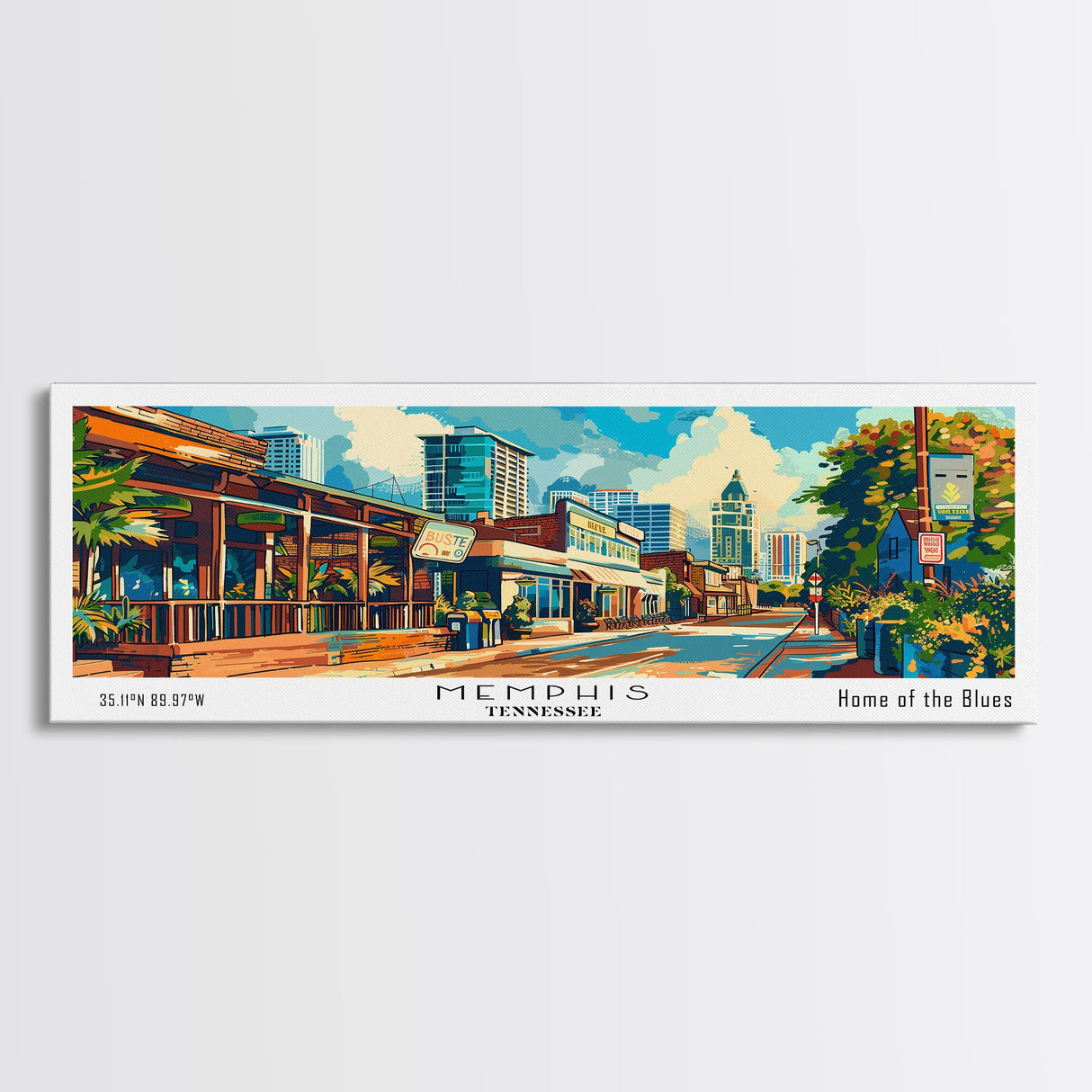 Memphis Tennessee Panoramic Framed Canvas Print, Retro Style Wall Art, Mid Century Modern Home Decor, Pop Art Travel Poster