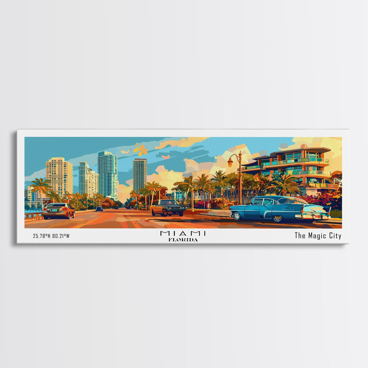 Miami Florida Panoramic Framed Canvas Print, Mid Century Modern Wall Art, Pop Art Home Decor, Retro Style Travel Poster