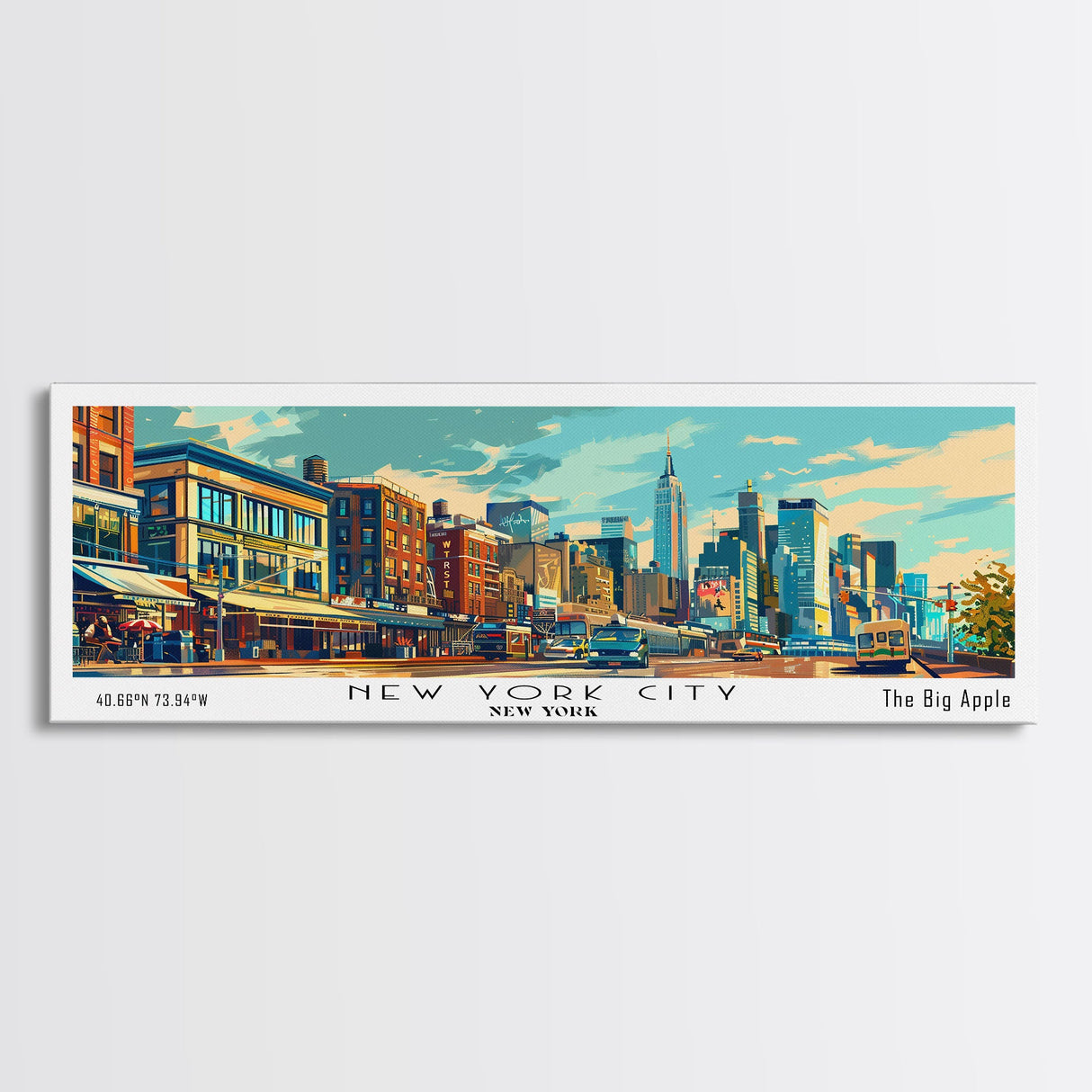 New York New York Panoramic Framed Canvas Print, Retro Style Wall Art, Mid Century Modern Home Decor, Pop Art Travel Poster