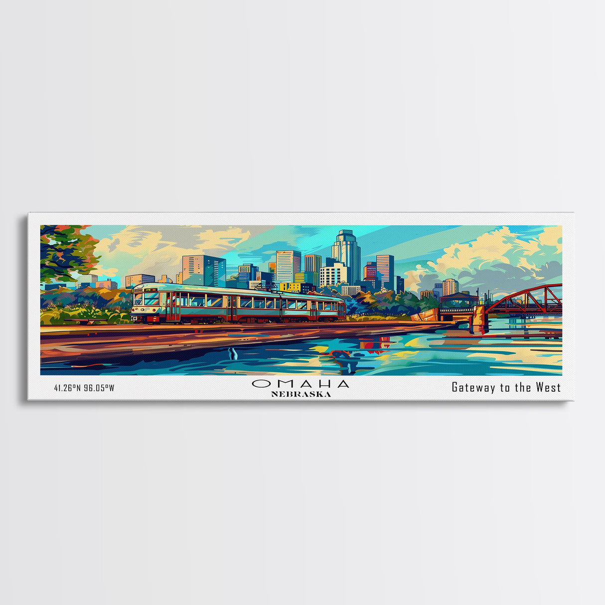 Omaha Nebraska Panoramic Framed Canvas Print, Mid Century Modern Pop Art, Retro Wall Art Decor, Travel Poster Painting