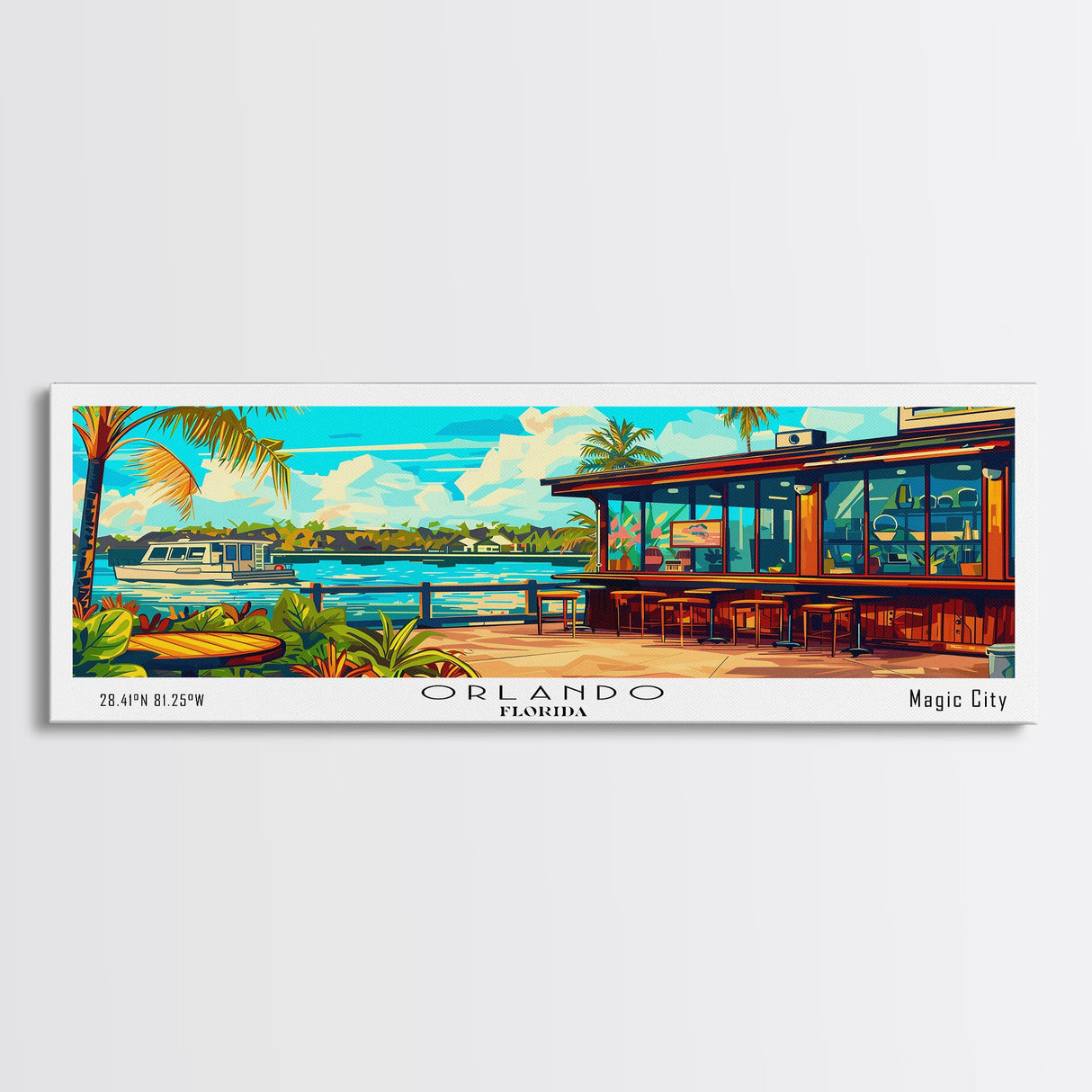 Orlando Florida Panoramic Wall Art, Mid Century Modern Framed Canvas Print, Retro Pop Art Travel Poster, Home Decor