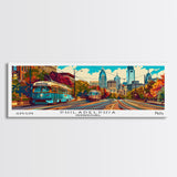 Philadelphia Pennsylvania Panoramic Painting, Retro Style Framed Canvas Print, Mid Century Modern Wall Art, Pop Art Travel Poster