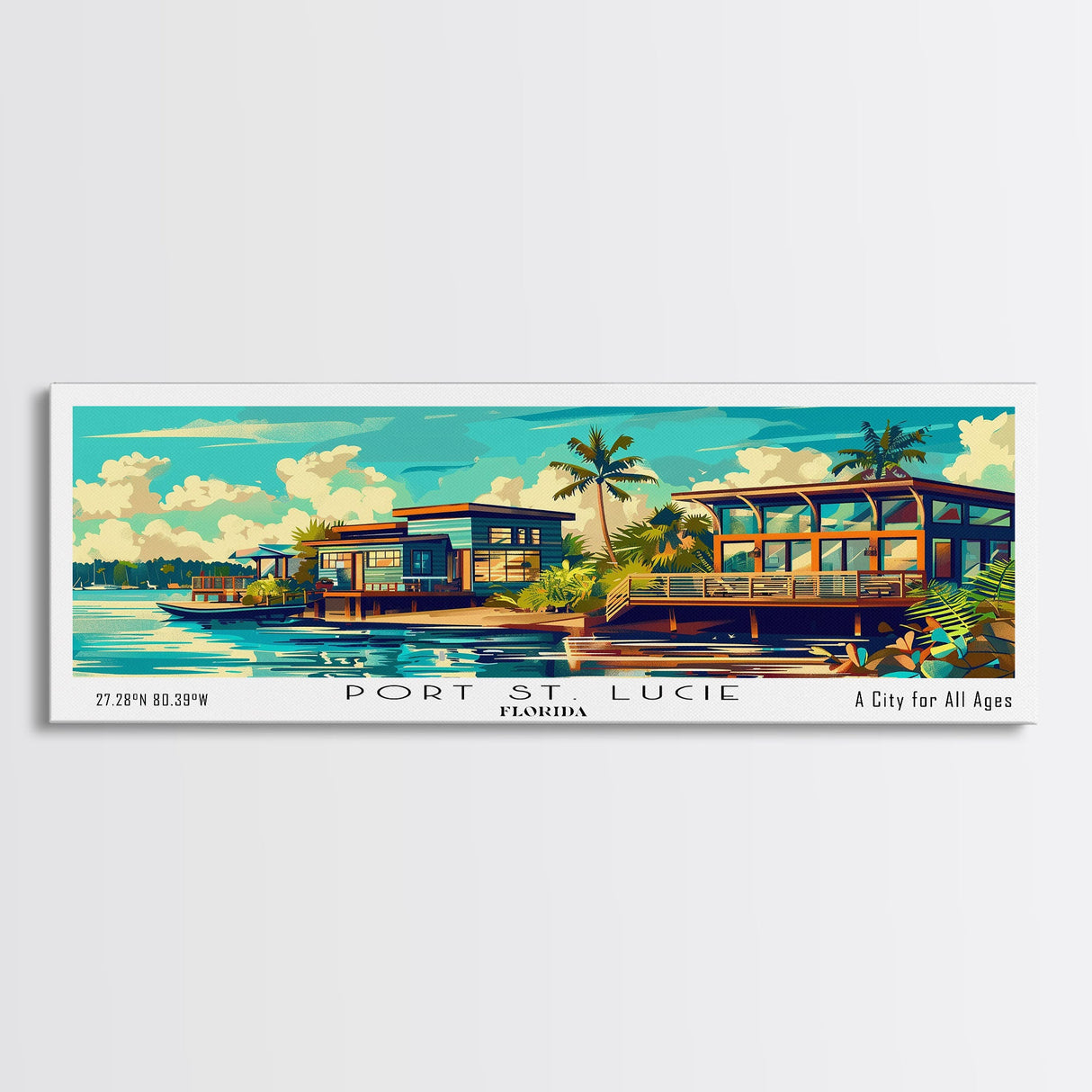 Port St. Lucie Florida Panoramic Framed Canvas Print, Retro Style Wall Art, Mid Century Modern Home Decor, Pop Art Travel Poster