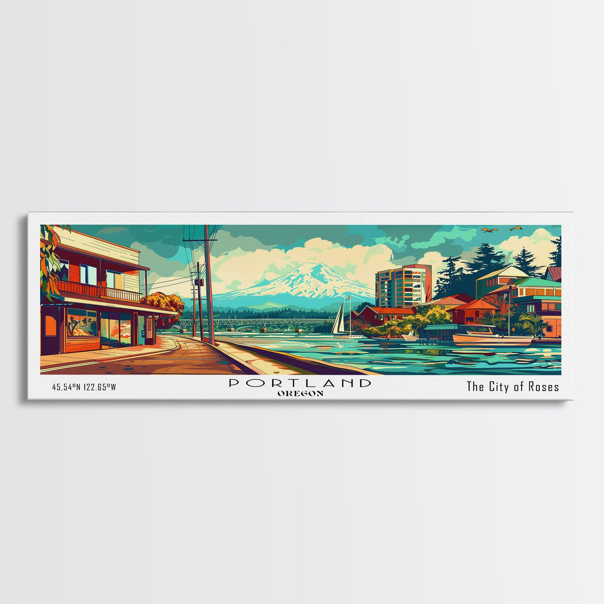 Portland Oregon Panoramic Painting, Mid Century Modern Framed Canvas Print, Retro Style Wall Art, Pop Art Travel Poster