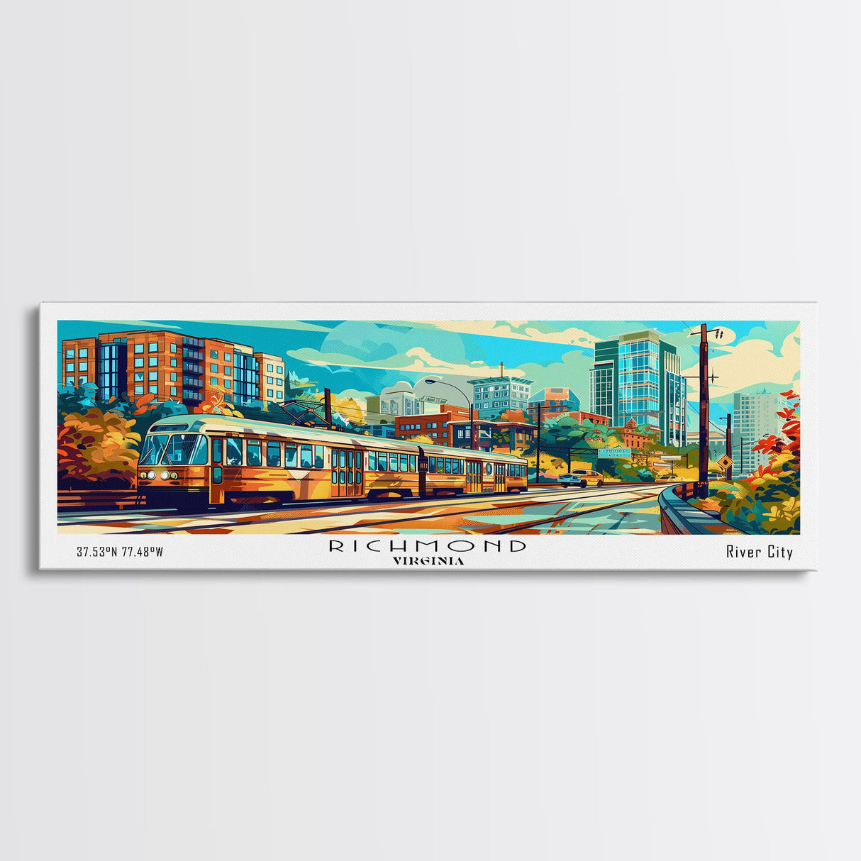 Richmond Virginia Panoramic Wall Art, Pop Art Framed Canvas Print, Mid Century Modern Home Decor, Retro Style Travel Poster