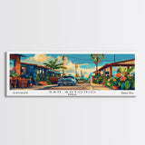 San Antonio Texas Panoramic Wall Art, Mid Century Modern Framed Canvas Print, Retro Pop Art Travel Poster, Home Decor