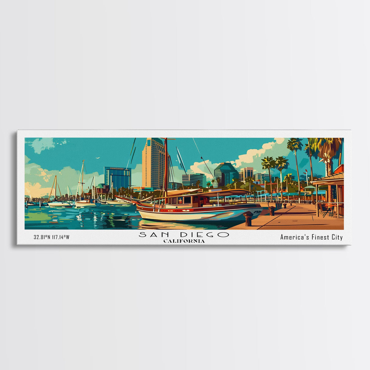 San Diego California Panoramic Painting, Retro Style Framed Canvas Print, Mid Century Modern Wall Art, Pop Art Travel Poster