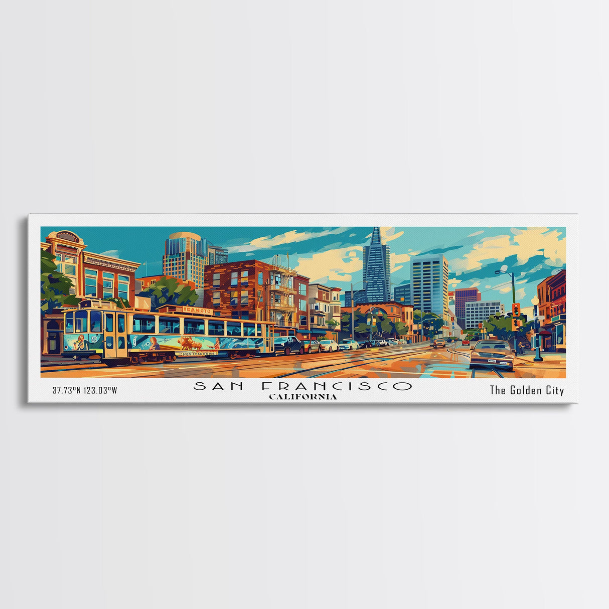 San Francisco California Panoramic Framed Canvas Print, Mid Century Modern Wall Art, Pop Art Home Decor, Retro Style Travel Poster