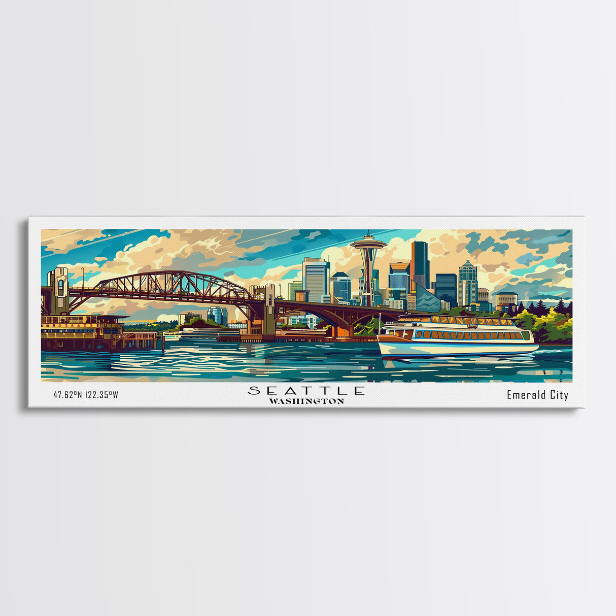 Seattle Washington Panoramic Painting, Mid Century Modern Framed Canvas Print, Retro Style Wall Art, Pop Art Travel Poster