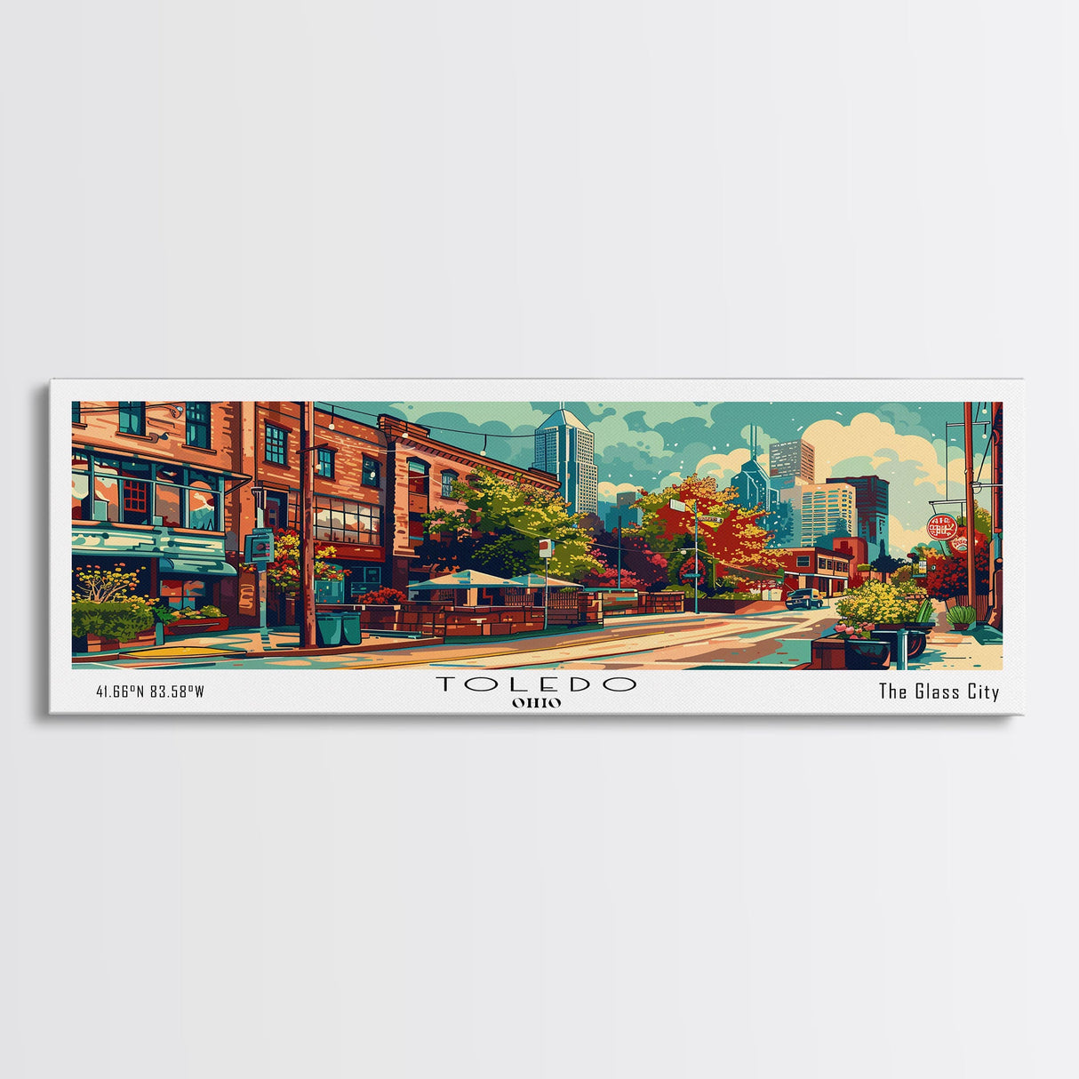 Toledo Ohio Panoramic Painting, Mid Century Modern Framed Canvas Print, Retro Pop Art Travel Poster, Wall Art, Home Decor, Office Art