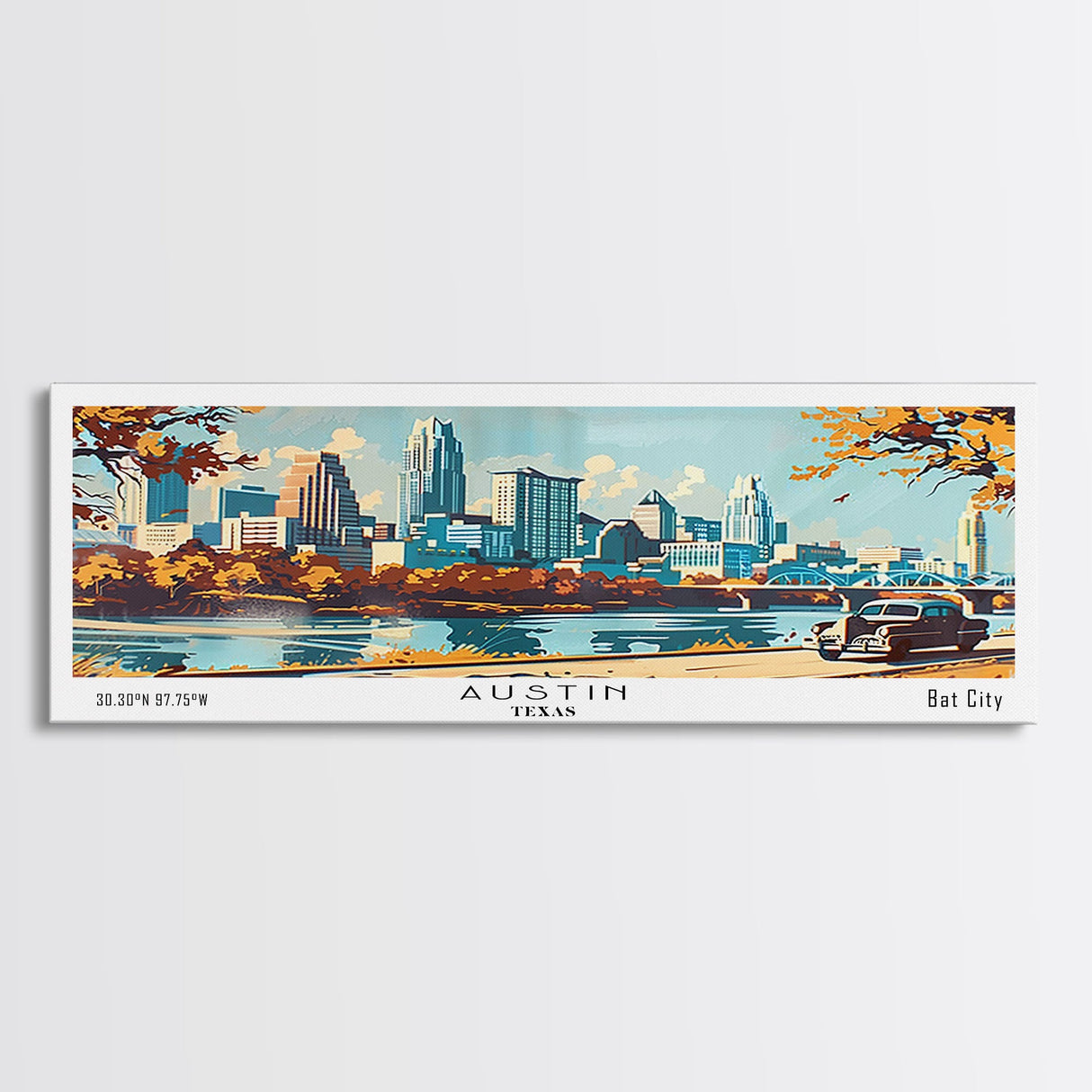 Austin Texas Panoramic Painting, Mid Century Modern Framed Canvas Print, Retro Pop Art Travel Poster, Wall Art, Home Decor, Office Art, Gift Idea