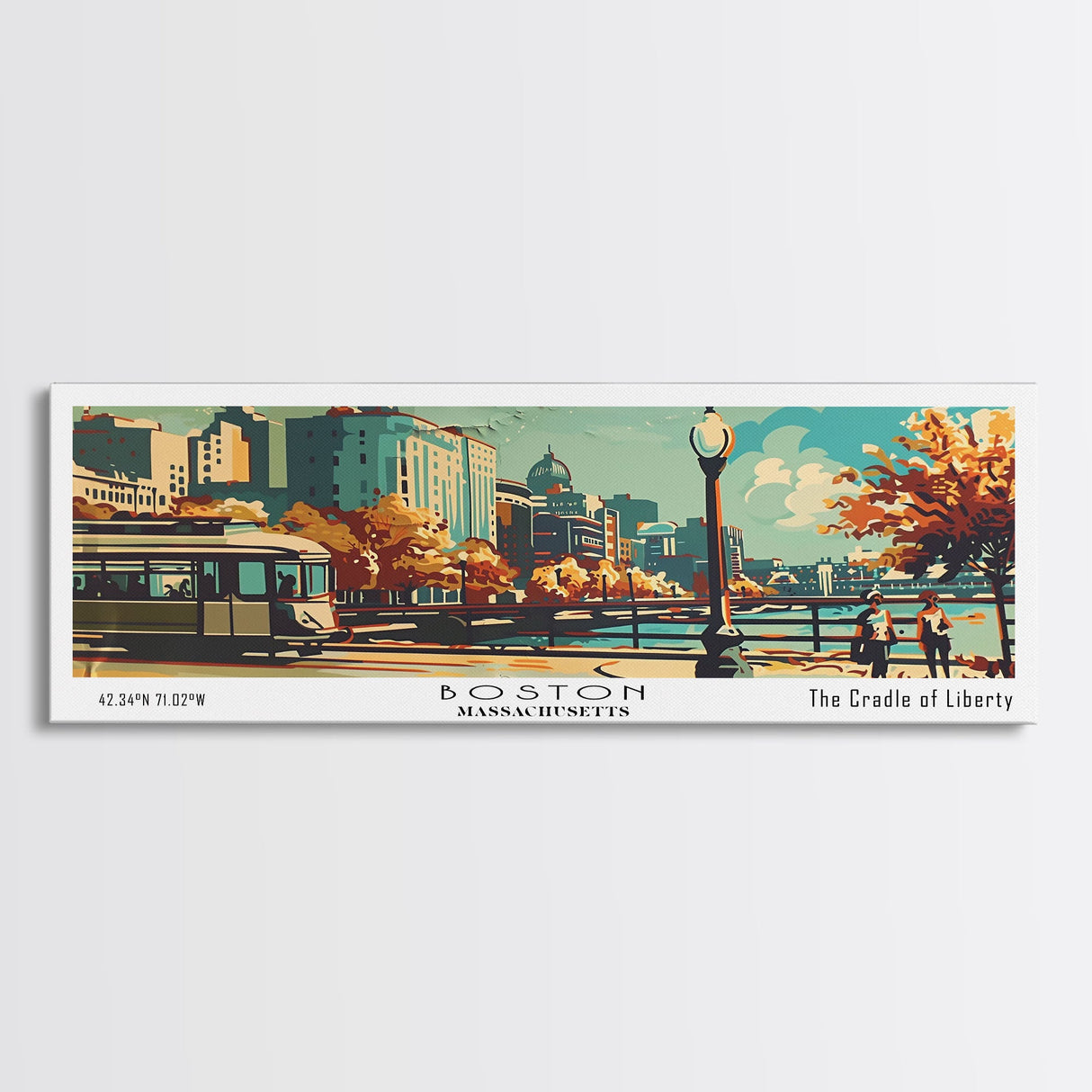 Boston Massachusetts Panoramic Wall Art, Mid Century Modern Framed Canvas Print, Retro Pop Art Travel Poster, Office Art, Living Room Decor