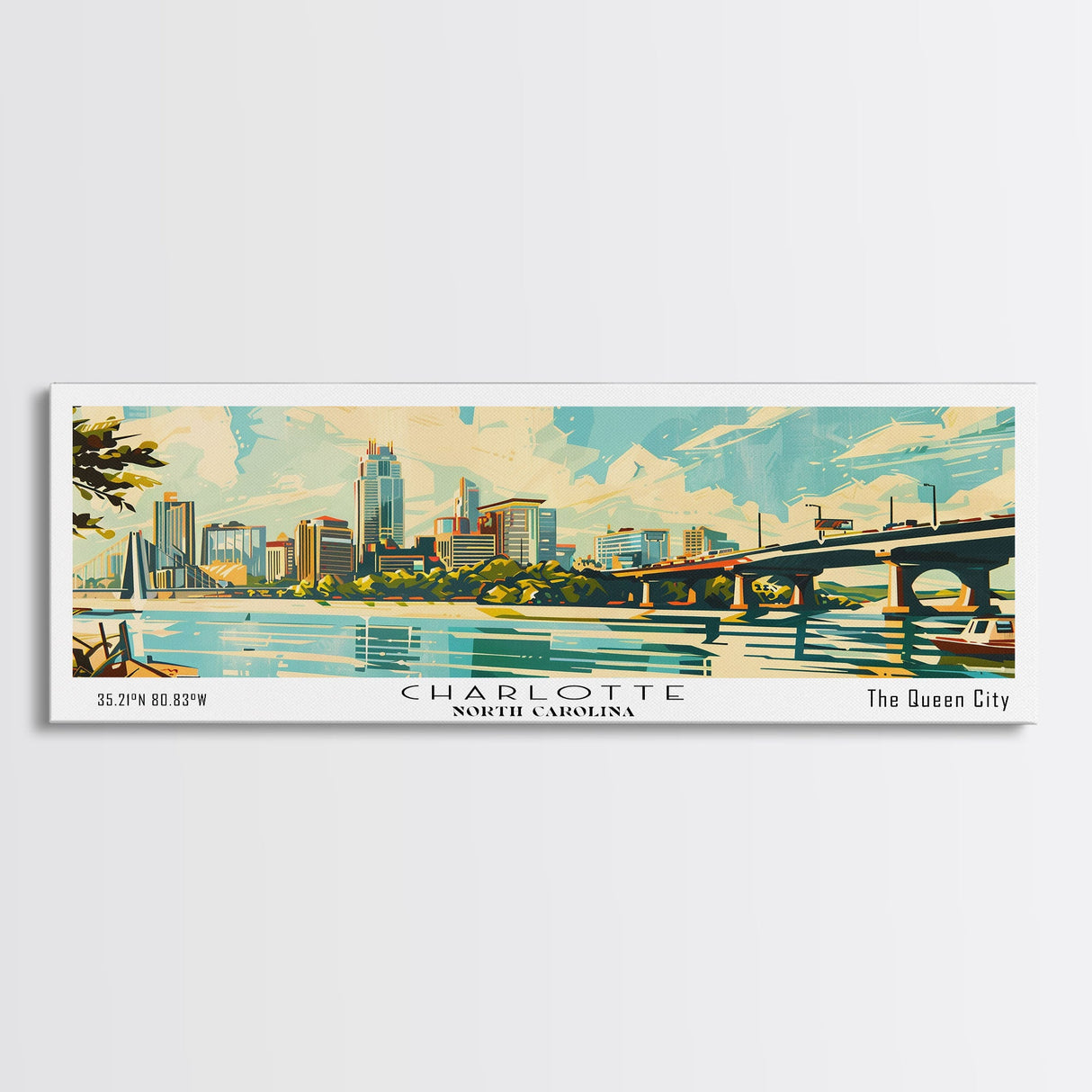 Charlotte North Carolina Panoramic Painting, Mid Century Modern Framed Canvas Print, Retro Pop Art Travel Poster, Wall Art, Home Decor, Office Art